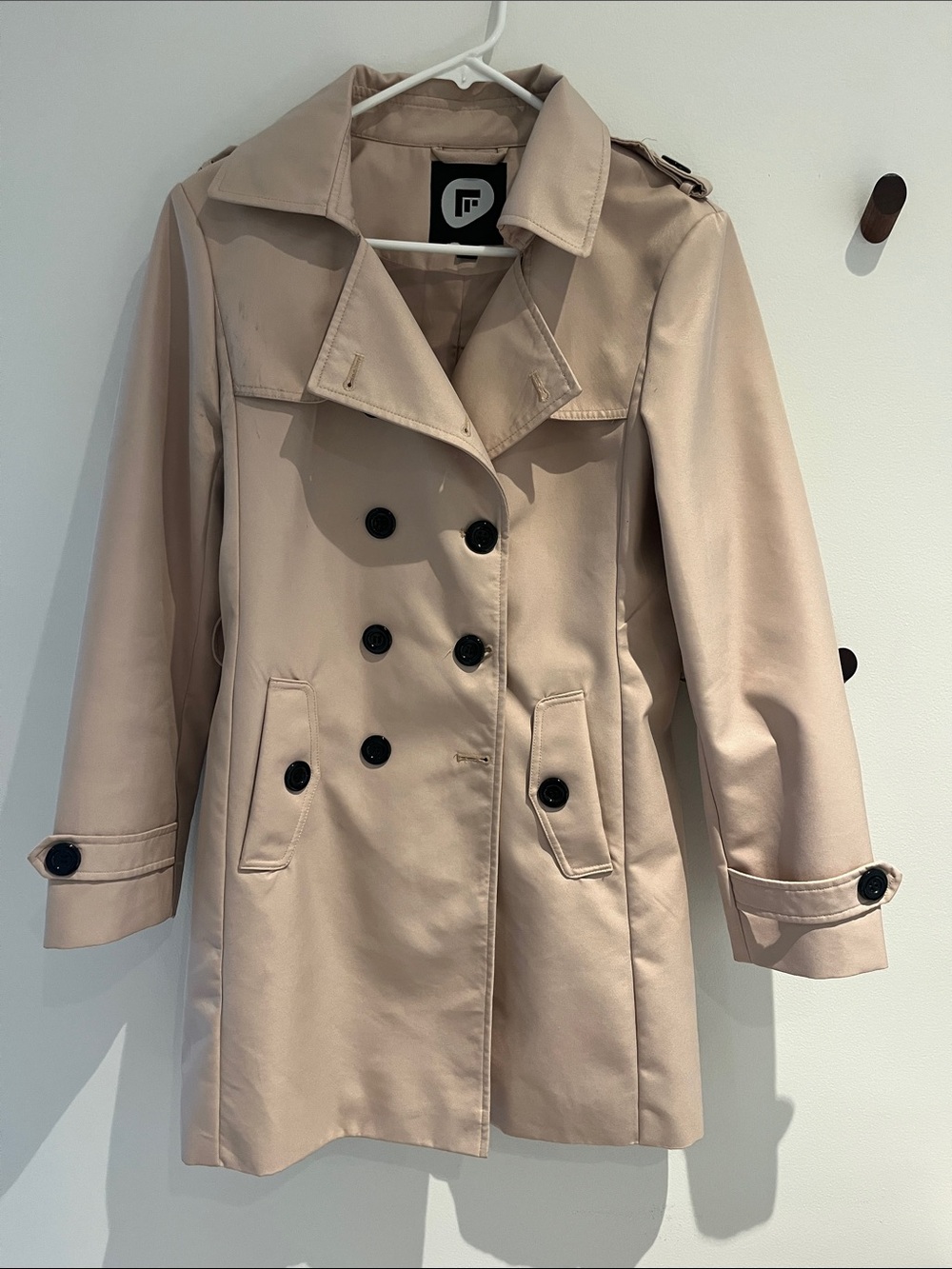 FARVALUE Beige Double Breasted Trench Coat Size Small - missing belt